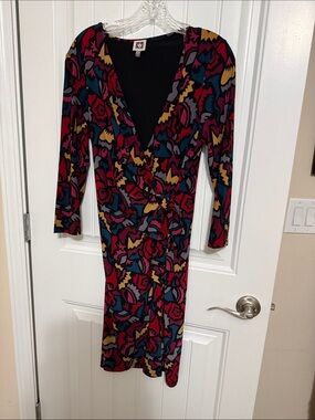 Anne Klein Multicolor Abstract Wrap Midi Dress - Red, Blue, Yellow, Black